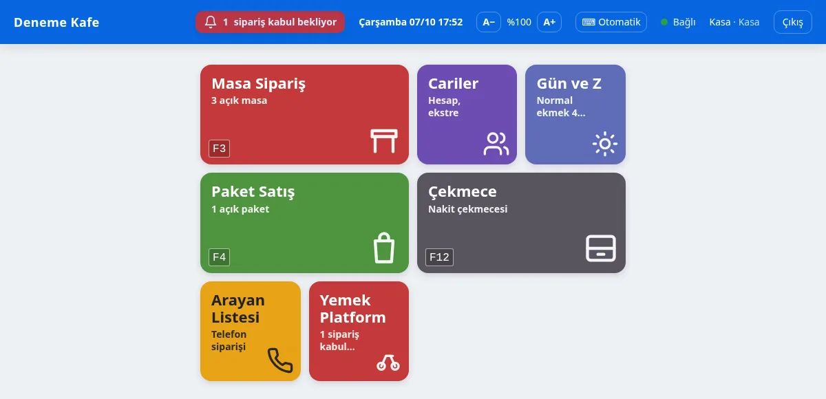 BLC POS ana ekranı: masa, paket, cari, gün sonu, arayan listesi ve platform kısayolları