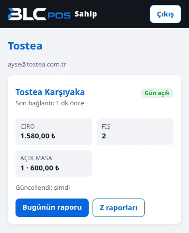 Restoran paneli: telefonda günün cirosu, fiş sayısı ve açık masalar